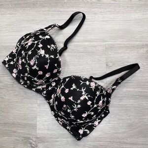 Adored by Adore Me Balconette Bra 38DD Black Floral Embroidered